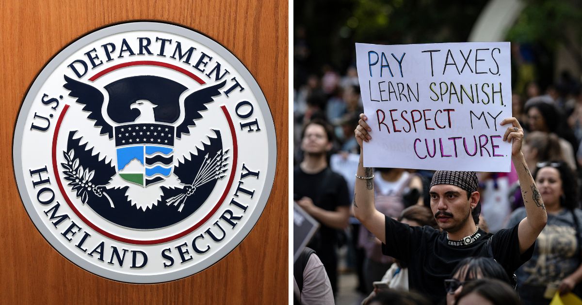 (L) The Department of Homeland Security seal on the podium used at the Ronald Reagan Building August 21, 2019 in Washington, DC. (R) A demonstrator holds up a banner during a protest against gentrification in Mexico City on July 4, 2025.